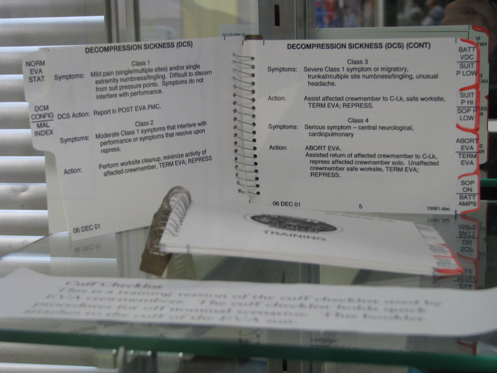 Checklist for decompression sickness. Divers with safety, utility and camera roles work in 2 hour shifts to support each astronaut during their training in the Neutral Buoyancy Laboratory (NBL).