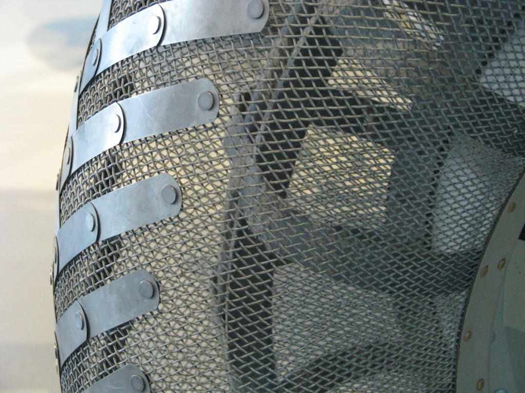 Close-up of the lunar rover's mesh tires that were designed to work in vaccum and across the occasional sharp edges (no atmosphere or water that would cause erosion) of moon rocks.