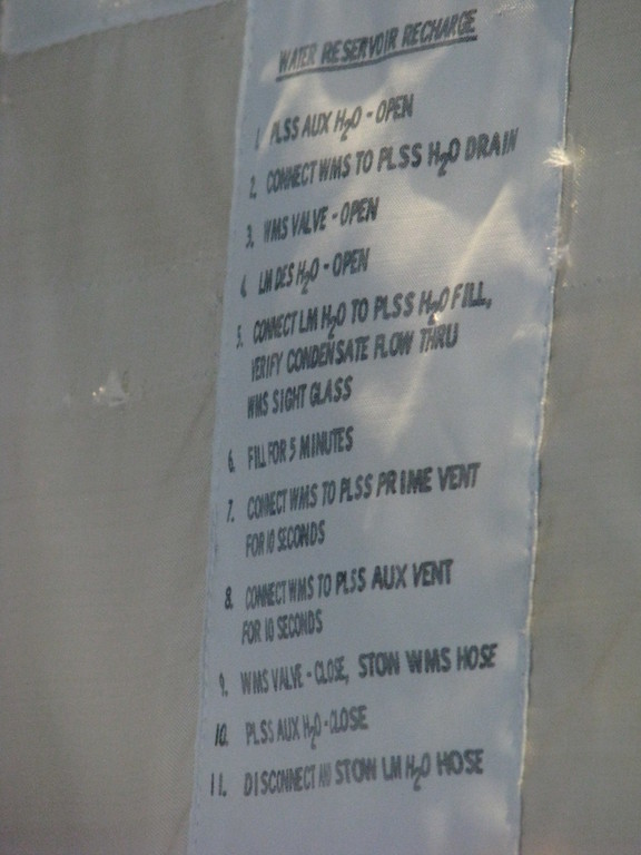 Checklist for refilling the water reservoir on the Apollo space suits. Water was one of the most critical consumables since it needed to be evaporated into space to get rid of the astronaut's waste heat. Note that because the Moon has no atmosphere, heat can only be lost through radiation (minuscule at body temperatures), not convection (much faster).