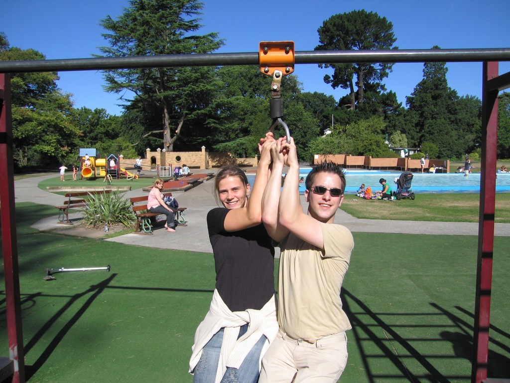 Hanne and me hanging out in Christchurch. The random dude who took the photo cut off our legs! Damn!