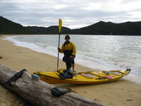 At Bark Bay; I look stupid and I am tired and wet, but at least we made it to the shore!