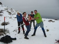 Snowfight posing on Mt Isobel, with a huge icicle and a fire extinguisher!